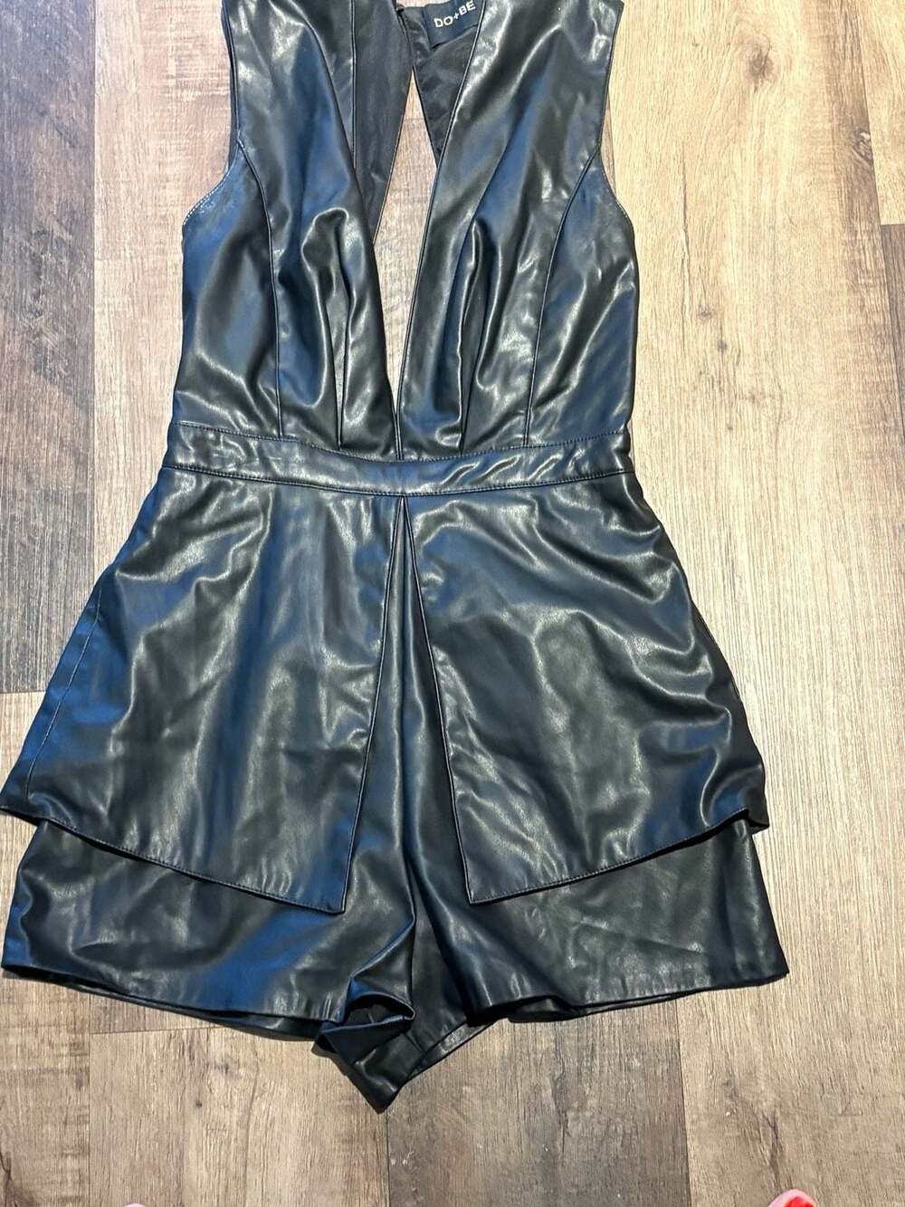 DO+BE Black Faux Leather Deep V-Neck Open Back Romper - Picture 2 of 3